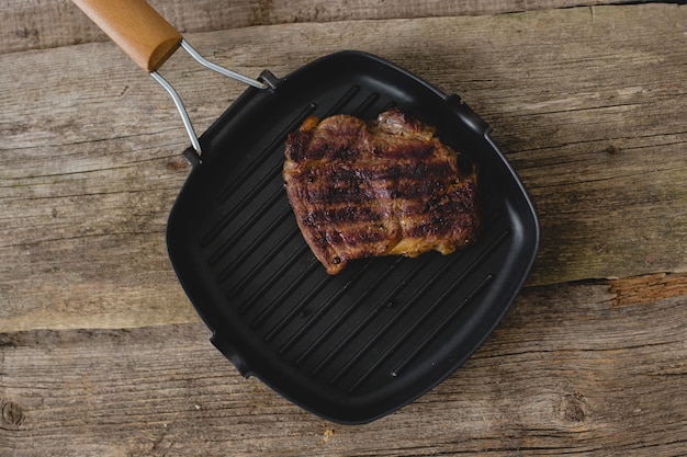 Raw steak on pan