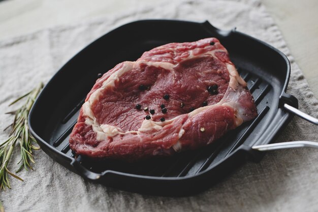 Raw steak on pan