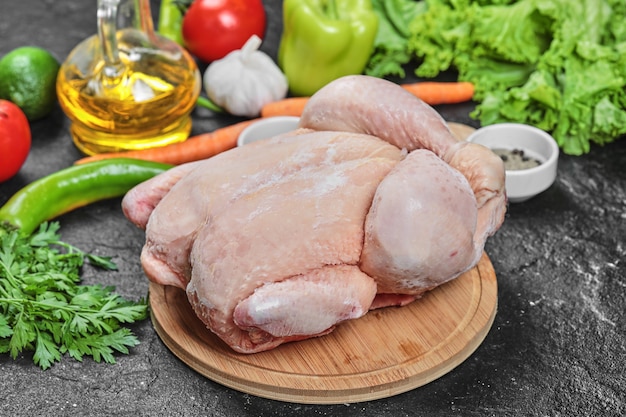 Raw whole chicken with lettuce, peppers, spices and tomatoes on wooden plate