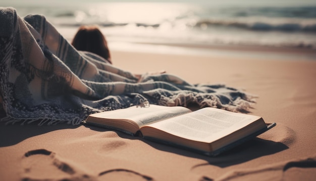 Foto gratuita leggere la bibbia sulla spiaggia sabbiosa al tramonto generata dall'intelligenza artificiale
