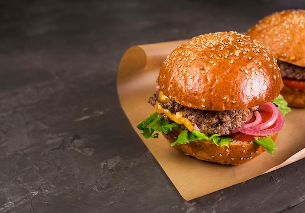 Ready to be served classic beef burgers with lettuce