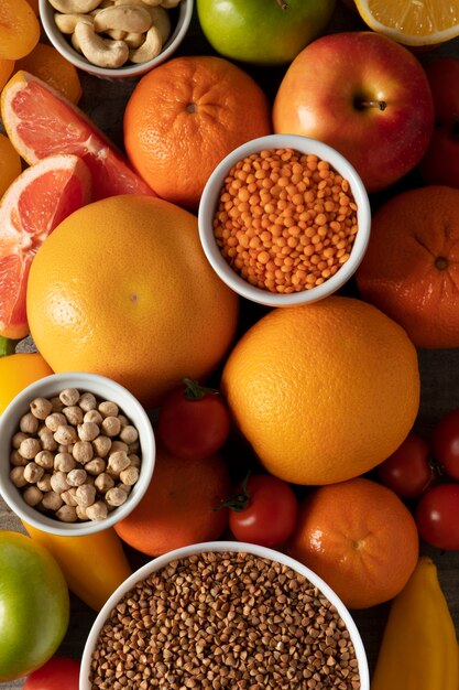 Free photo real food pyramid arrangement still life