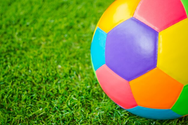 Натуральная кожа Красочные многоцветной Футбольный мяч на зеленой траве.