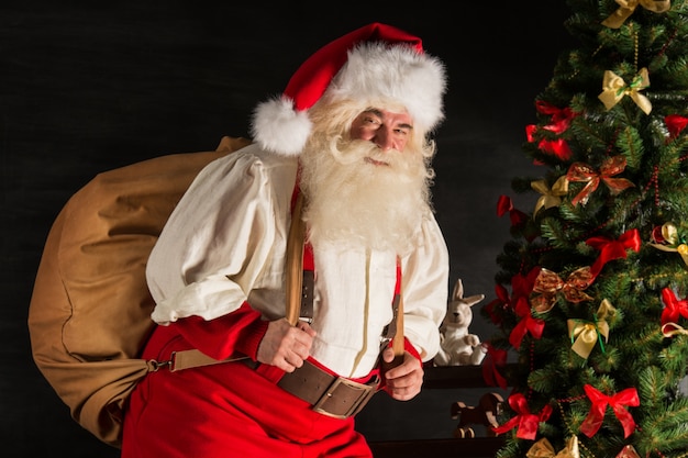 本当​の​サンタクロース​は​クリスマスツリー​の​近く​の​自宅​で​、​贈り物​の​完全な​大きな​袋​を​運ぶ