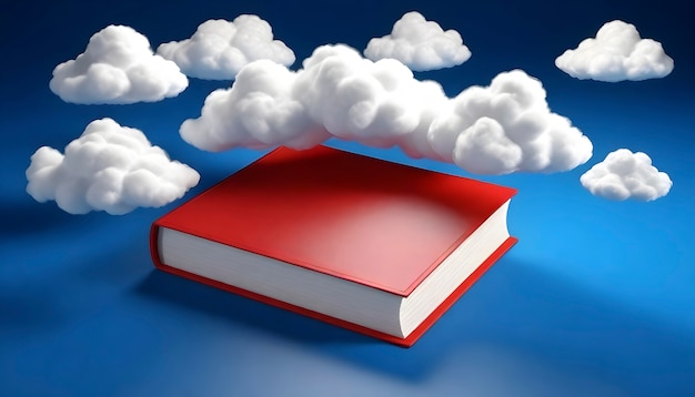 Realistic book with clouds on blue background