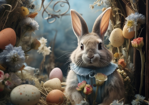 Free photo realistic cute easter bunny in a fantasy forest  with easter eggs and flowers