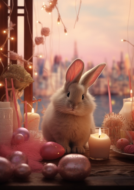 Realistic cute easter bunny in a romantic scenary with eggs on a city landscape