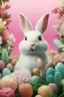 Free photo realistic cute easter bunny with blooming beautiful flowers