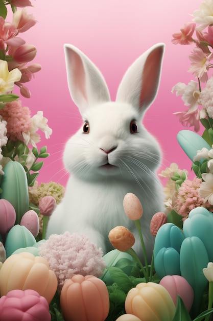 Realistic cute easter bunny with blooming beautiful flowers