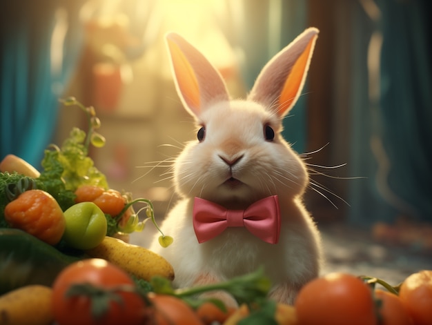 Realistic cute easter bunny with a bow tie and many fruits