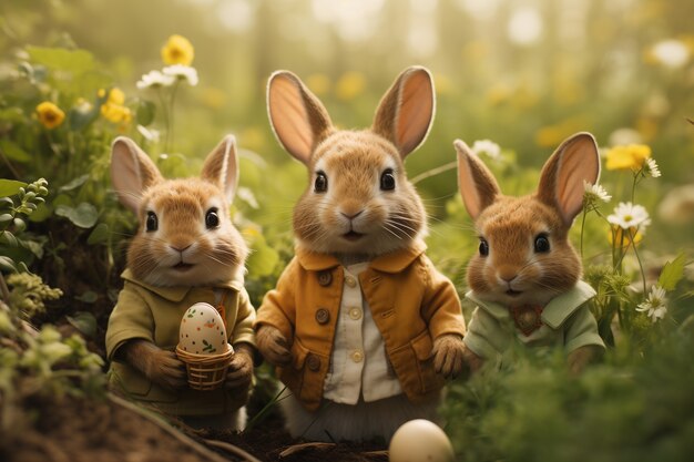 Free Photo realistic easter rabbits wearing clothing in a floral forest