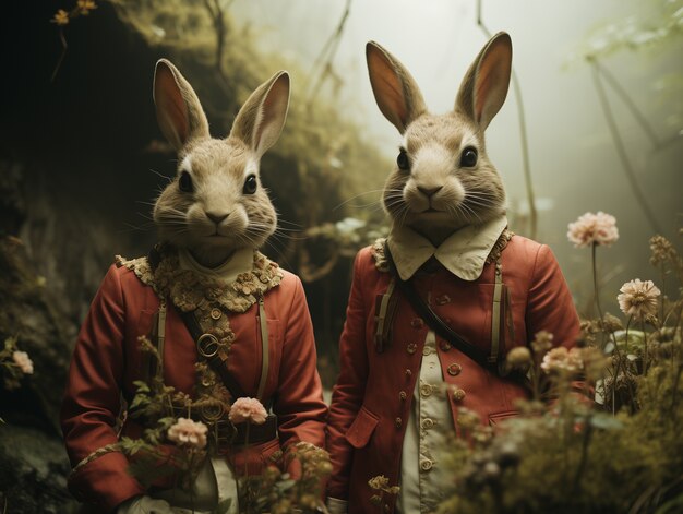 Realistic easter rabbits wearing vintage elegant clothes in a fantasy forest