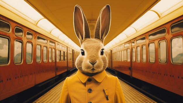 기차역 에서 코트 를 입은 현실적 인 우아 한 부활절 토끼