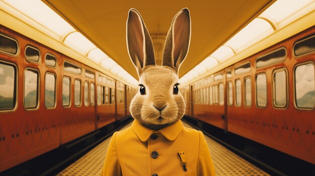 Realistic elegant easter bunny with a coat in a train station