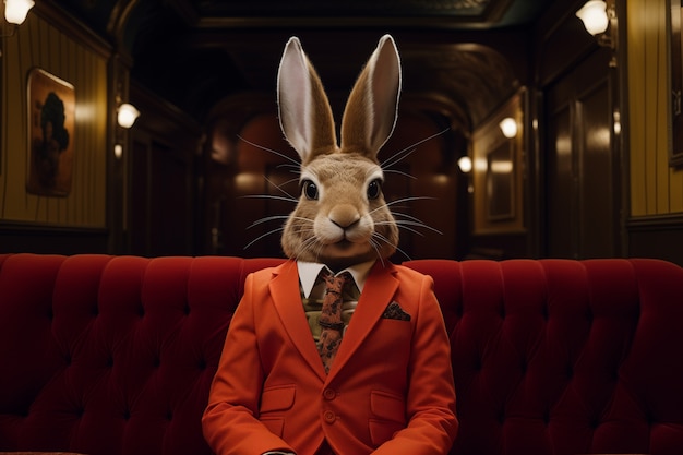 Реалистичный элегантный пасхальный кролик в пиджаке в театре