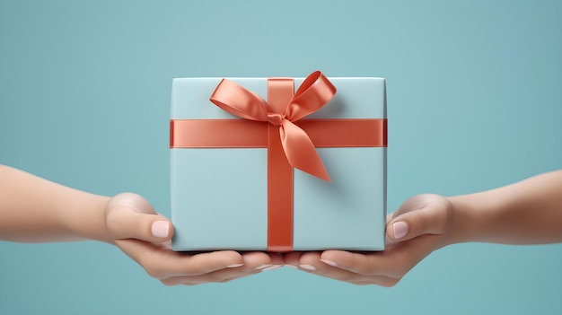 Free photo realistic hand holding gift box on pastel blue background