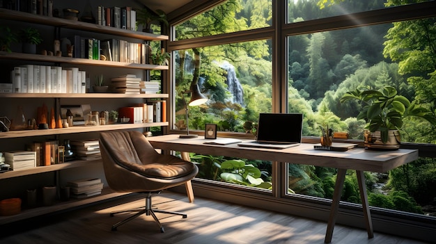 realistic home office with window view