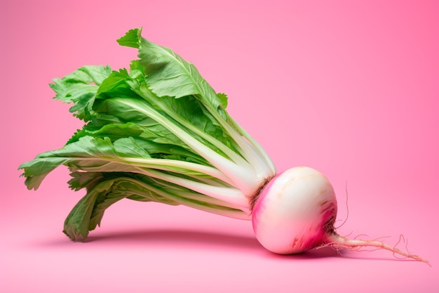 Realistic image of turnip with leaves on colourful background