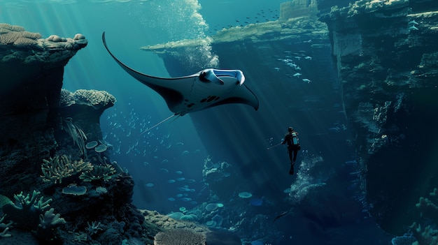 Realistic manta ray in sea water