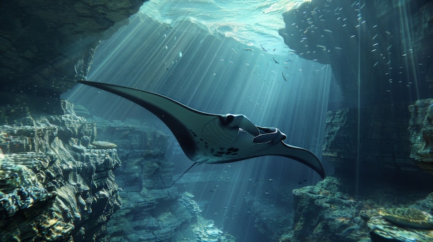 Realistic manta ray in sea water