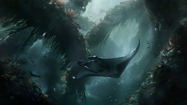 Realistic manta ray in sea water