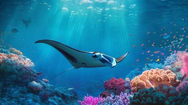 Realistic manta ray in sea water