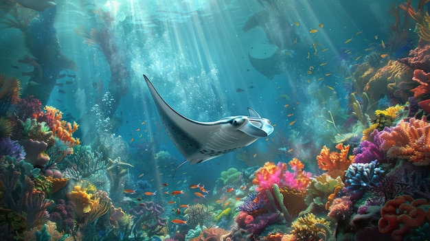 Realistic manta ray in sea water