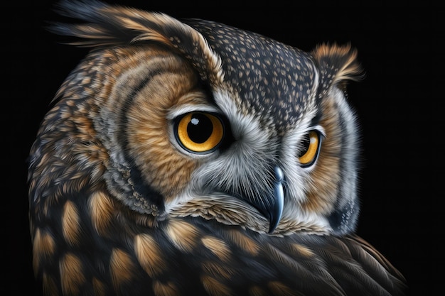 Realistic portrait of an owl on a black background Close upAi generative