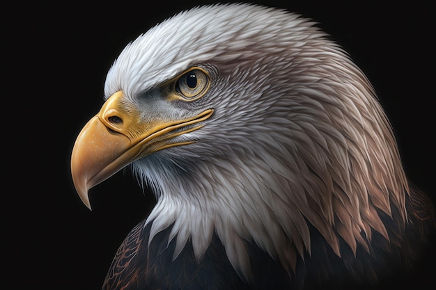 Realistic portrait of an white head eagle on a black background Close upAi generative