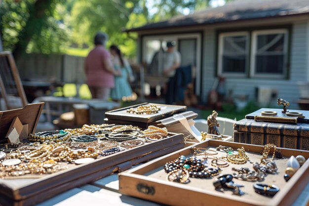 Realistic scene at a neighborhood yard sale with miscellaneous items
