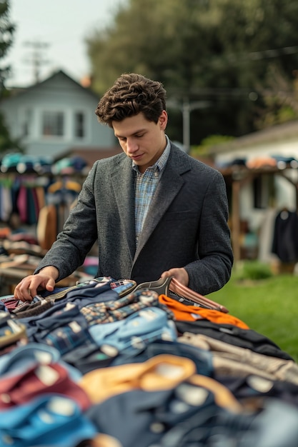 Free photo realistic scene with clothes at a neighborhood yard sale