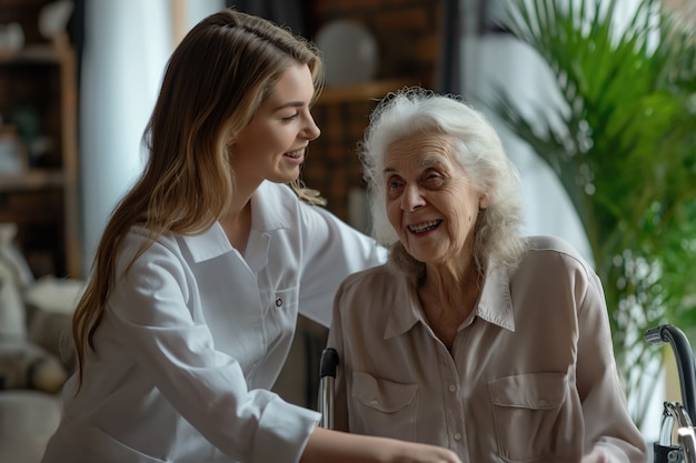 Realistic scene with health worker taking care of elderly patient