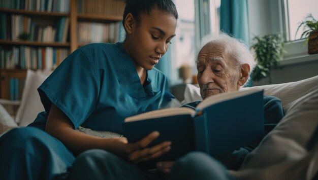 Realistic scene with health worker taking care of elderly patient