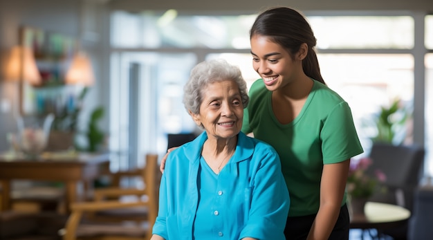 Free photo realistic scene with health worker taking care of elderly patient