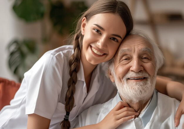 老人患者を介護する医療従事者との現実的なシーン