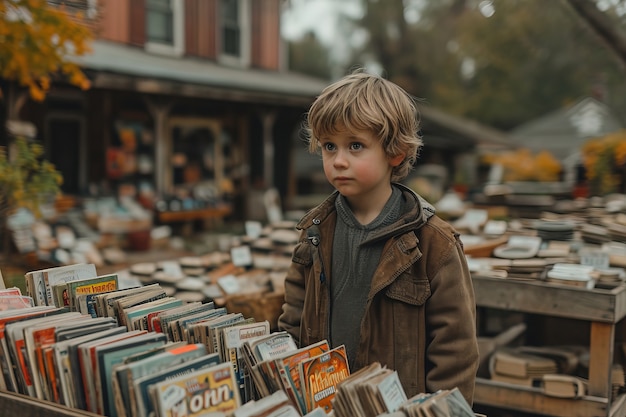 Free photo realistic scene with little child at a neighborhood yard sale