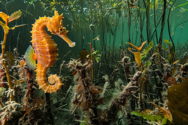 Free photo realistic seahorse animal in the wild underwater environment