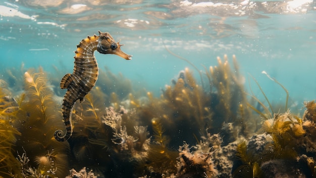 Foto gratuita un cavalluccio marino realistico nell'ambiente sottomarino selvaggio