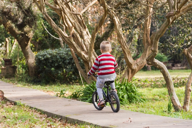 コンクリートの道に男の子が乗っている自転車の背面図