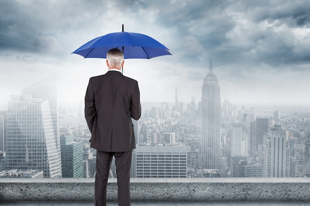 Rear view of businessman with umbrella looking at city