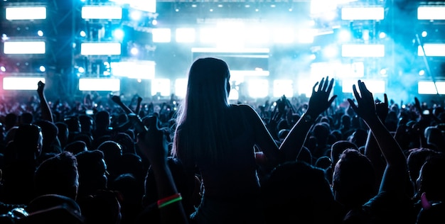 Вид сзади на беззаботных фанатов, веселящихся на музыкальном фестивале перед освещенной сценой ночью