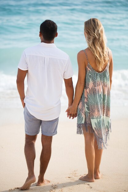 Rear view of couple holding hands on beach