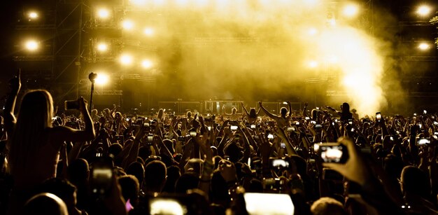 Вид сзади на возбужденных фанатов, веселящихся на музыкальном фестивале и фотографирующих сцену на свои смартфоны