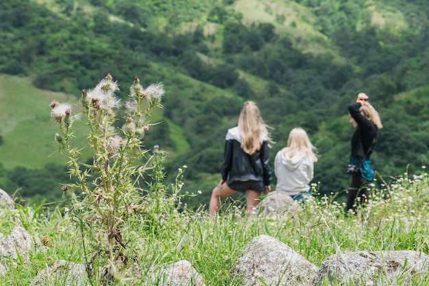 Rear view of female friends sitting together facing green mountain