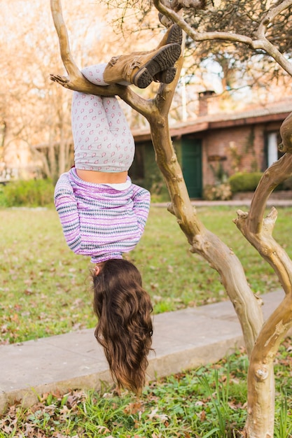 Rear view of girl hanging upside down on her leg over the tree branch