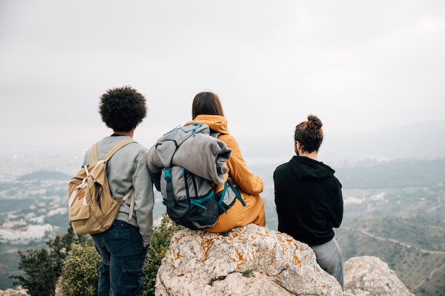 Rear view of male and female hiker overlooking the mountain view