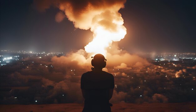 Free photo rear view of man sitting on top of mountain and looking at night city