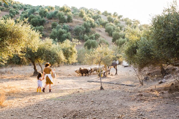 Rear view of mother and her daughter herding sheeps in the field