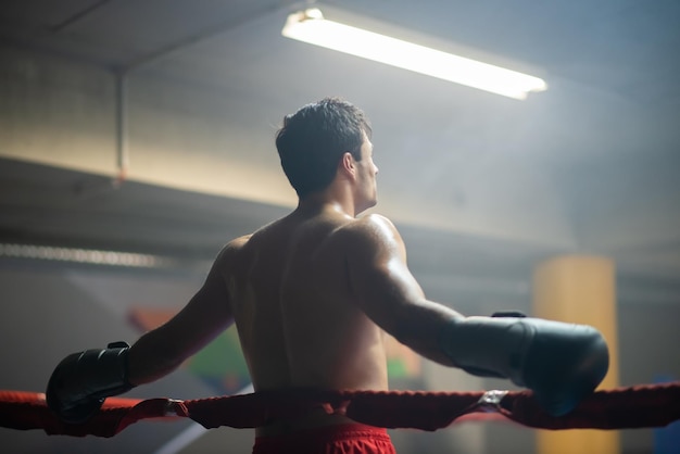 Foto gratuita vista posteriore dell'uomo muscoloso in guantoni da boxe in piedi alla corda dell'anello in palestra fumosa. giovane uomo senza camicia che riposa all'allenamento. concetto di rottura