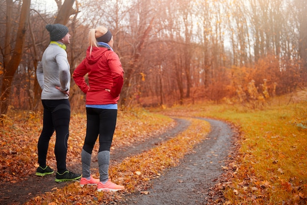 Rear view of older runners on the forest path